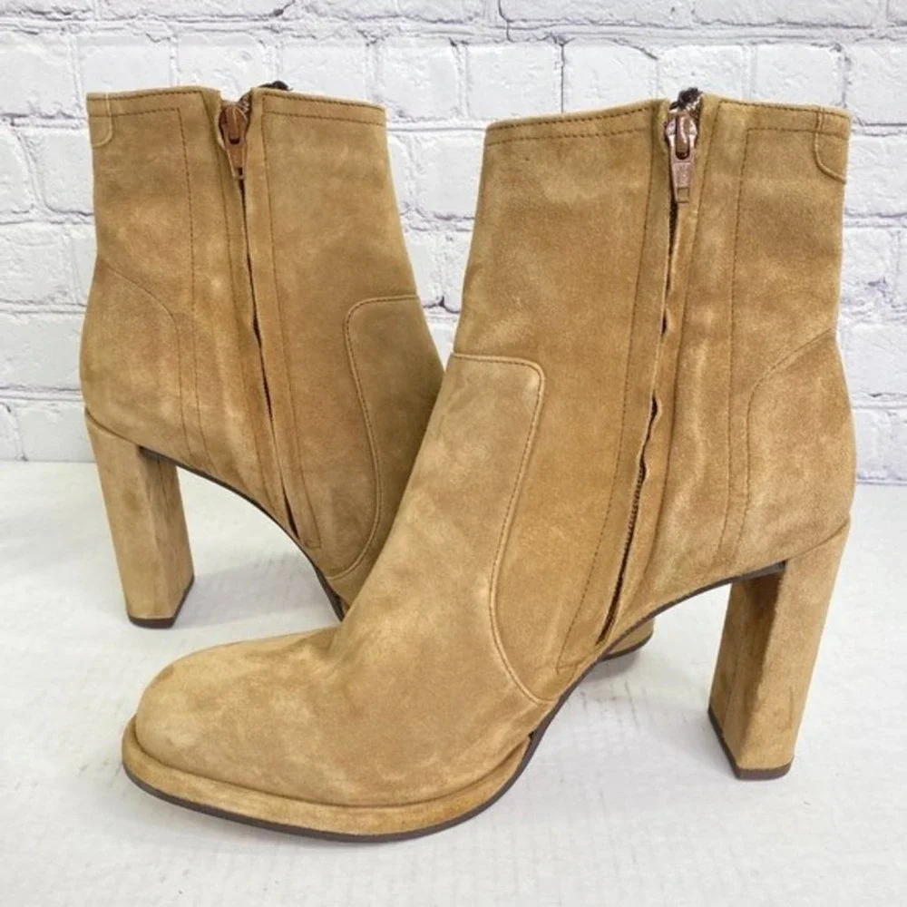 Free People Cecile Ankle Boots Suede Lace Up Side Block Heel Tan Camel Size 41